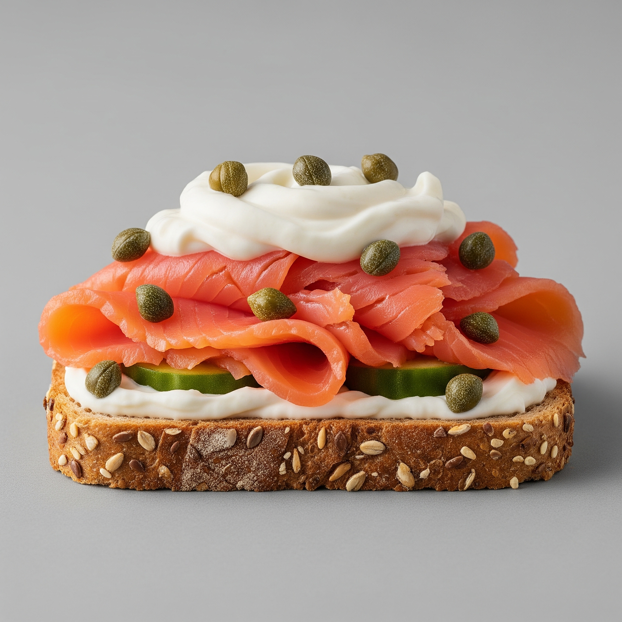 Geräucherter Lachs mit Meerrettichcreme und Kapern auf Vollkornbrot