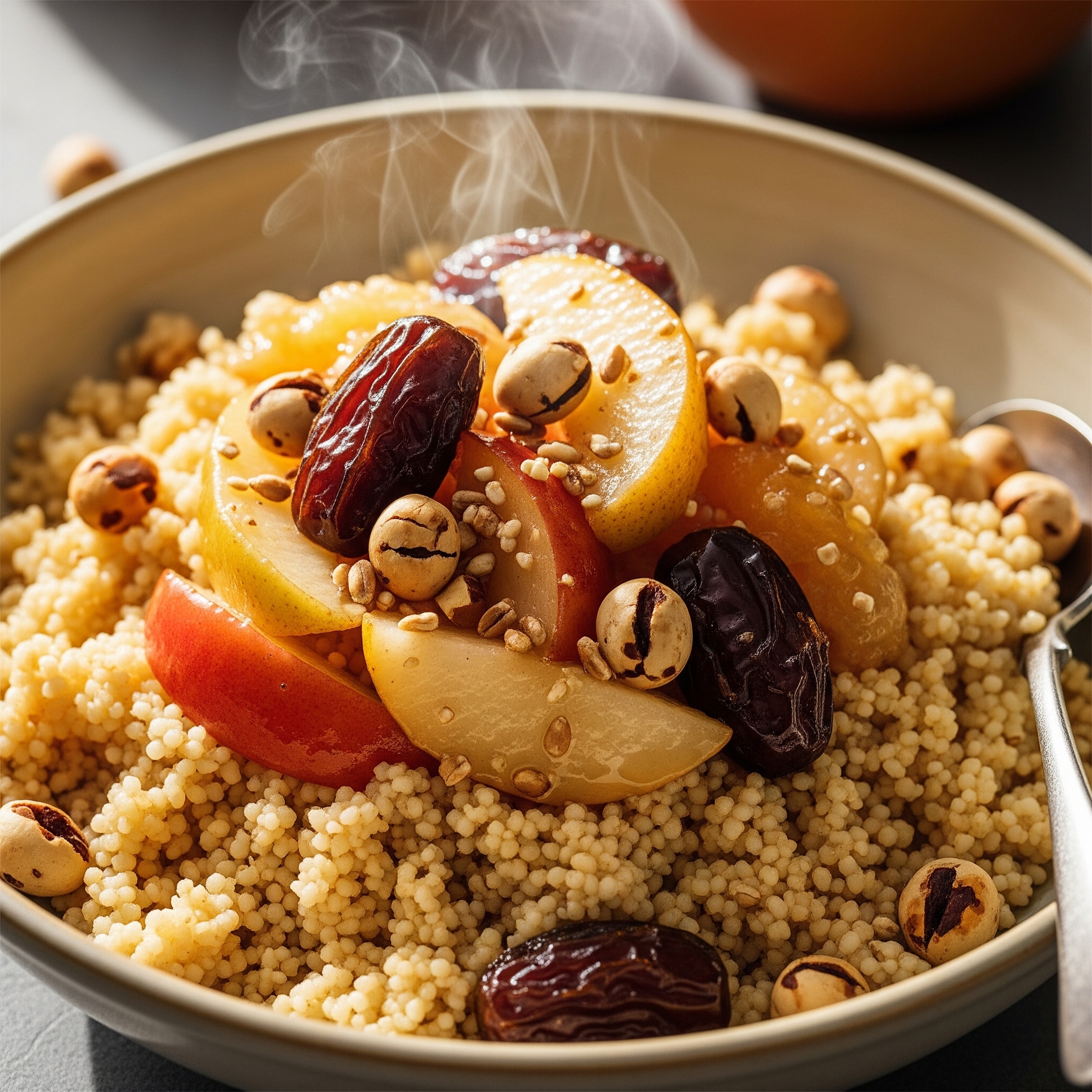 Süßer Vollkorn-Couscous mit Apfel-Birnen-Kompott, Datteln und Paranüssen