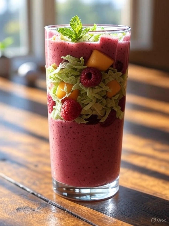 Smoothie mit Himbeeren, Pfirsich und Salat