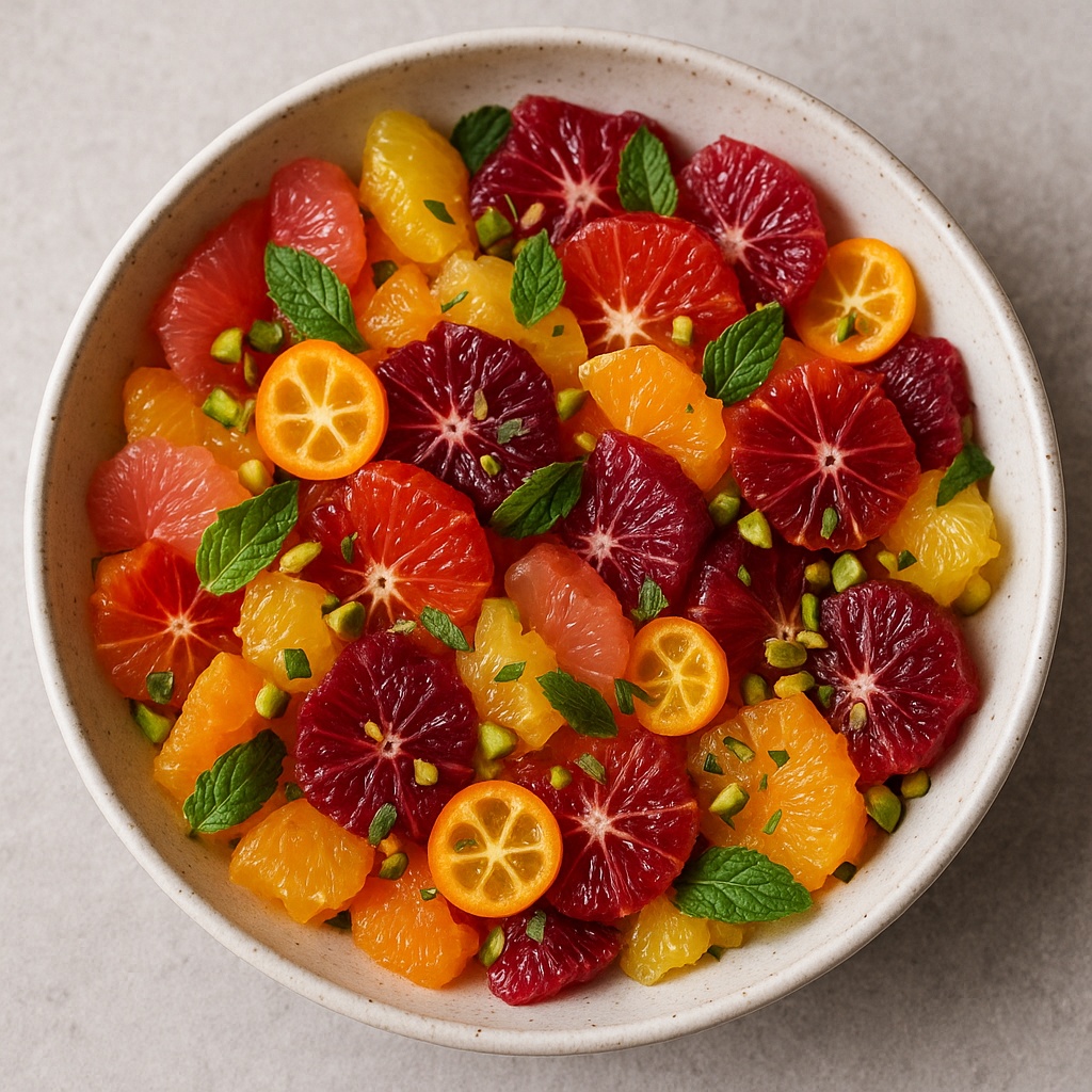 Salat aus Zitrusfrüchten mit Minze und Pistazien