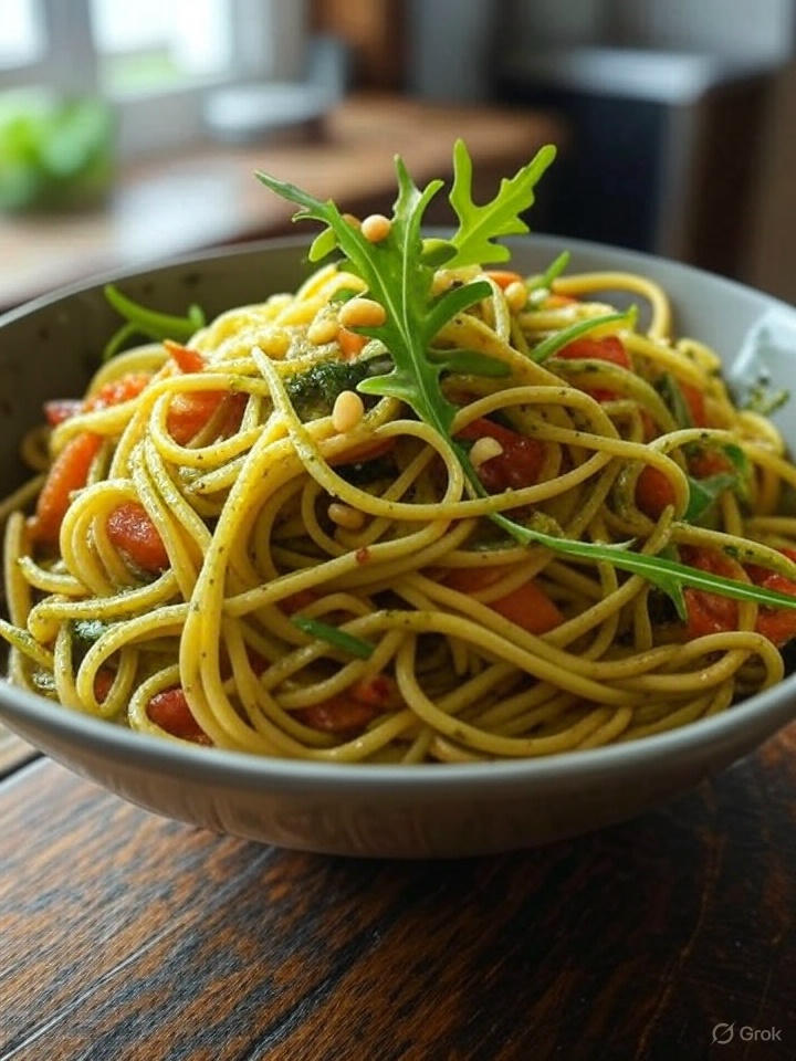 Spaghetti tricolore mit Pesto, Rucola und Pinienkernen